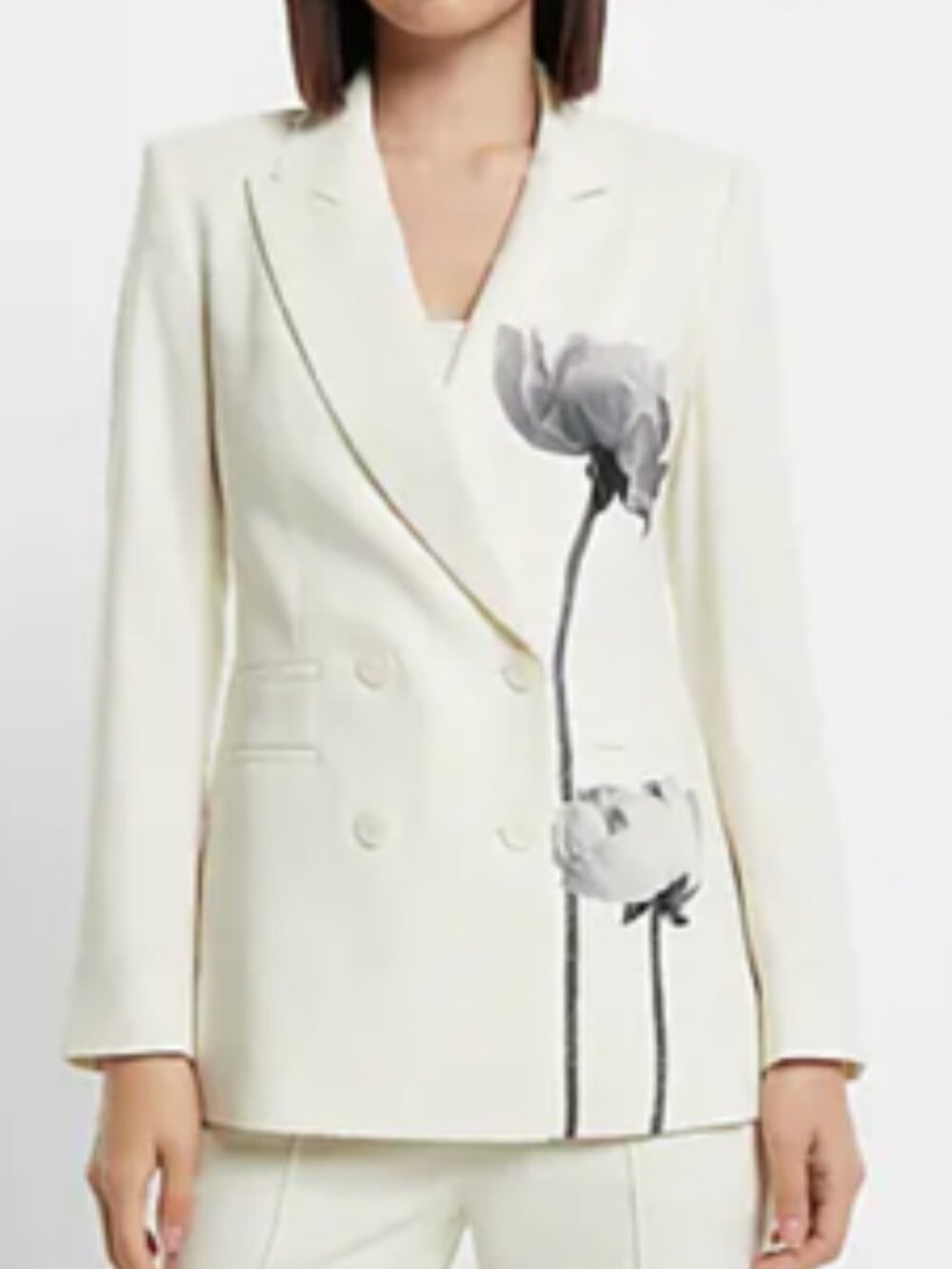 Express Ivory Black Gray Flowers Stretch Crepe Double Breasted Blazer